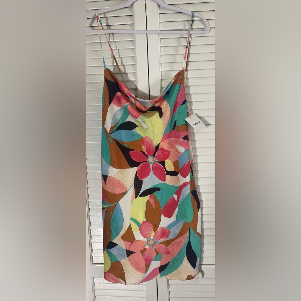 NWT Forever 21 Floral Satin Mini Slip Dress, Sz L, Cowl Neck, Adjustable Straps